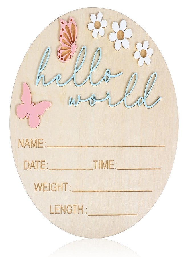 Ajcotahm Hello World Newborn Sign, 5.9 Inch Wooden Baby Announcement Sign Pink Butterfly Style Birth Welcome Board for Newborn Boys Girls Photo Props Baby Shower Hospital Nursery - Image 1